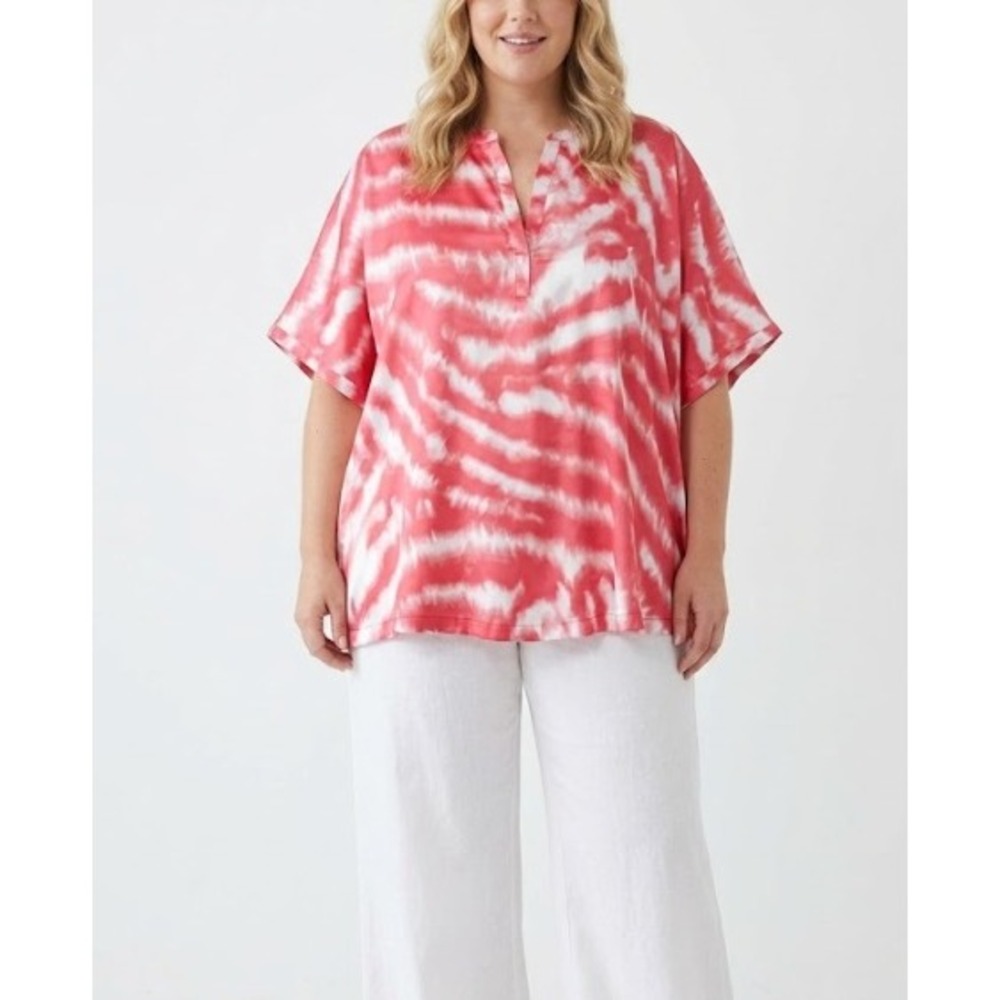 Natori Top 3X Red White Tie Dye Zebra Print V-Neck Satin Loungewear‎